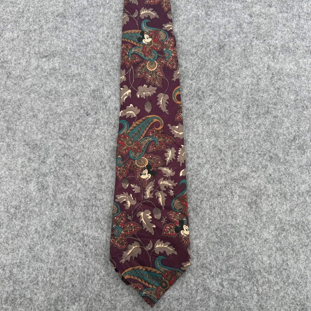 Disney Mickey Mouse Vintage Paisley Silk Necktie Burgundy Teal Floral Mens Tie